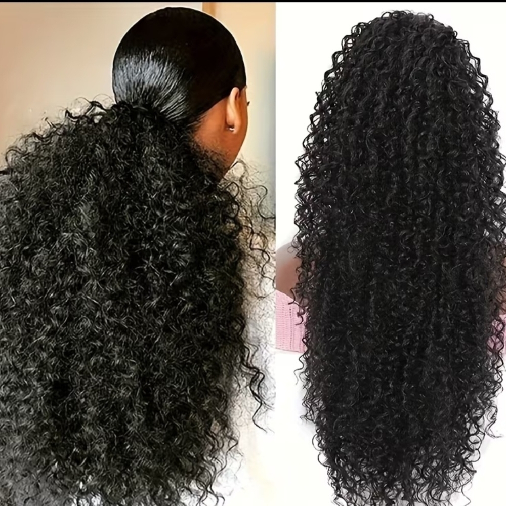 NIP Black Curly 20" Ponytail Extension Natural Look COMB & DRAWSTRING Hairpiece
